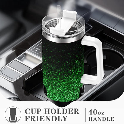 Lunabuddy™ Ombre Leopard Glitter 40 oz Insulated Double Wall Stainless Steel Tumbler with Handle and Straw, Lid, Large Travel Mug Fits in Cup Holder, Cup Gift for Women(Green)