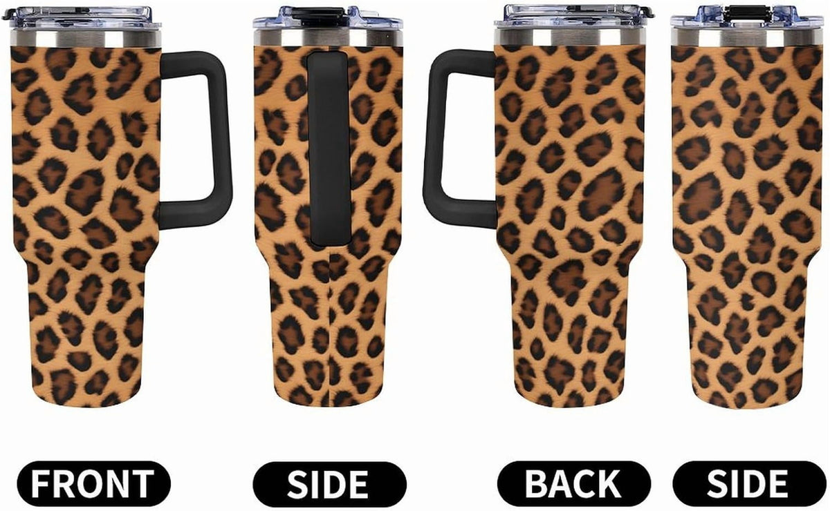 Lunabuddy™ 40oz Insulated Stainless Steel Tumbler with Handle, Abstract Brown Leopard Print Leakproof Water Bottles Travel Mug with Lid And Straw for Water, Iced Tea Or Coffee for Most Car Cup Holder