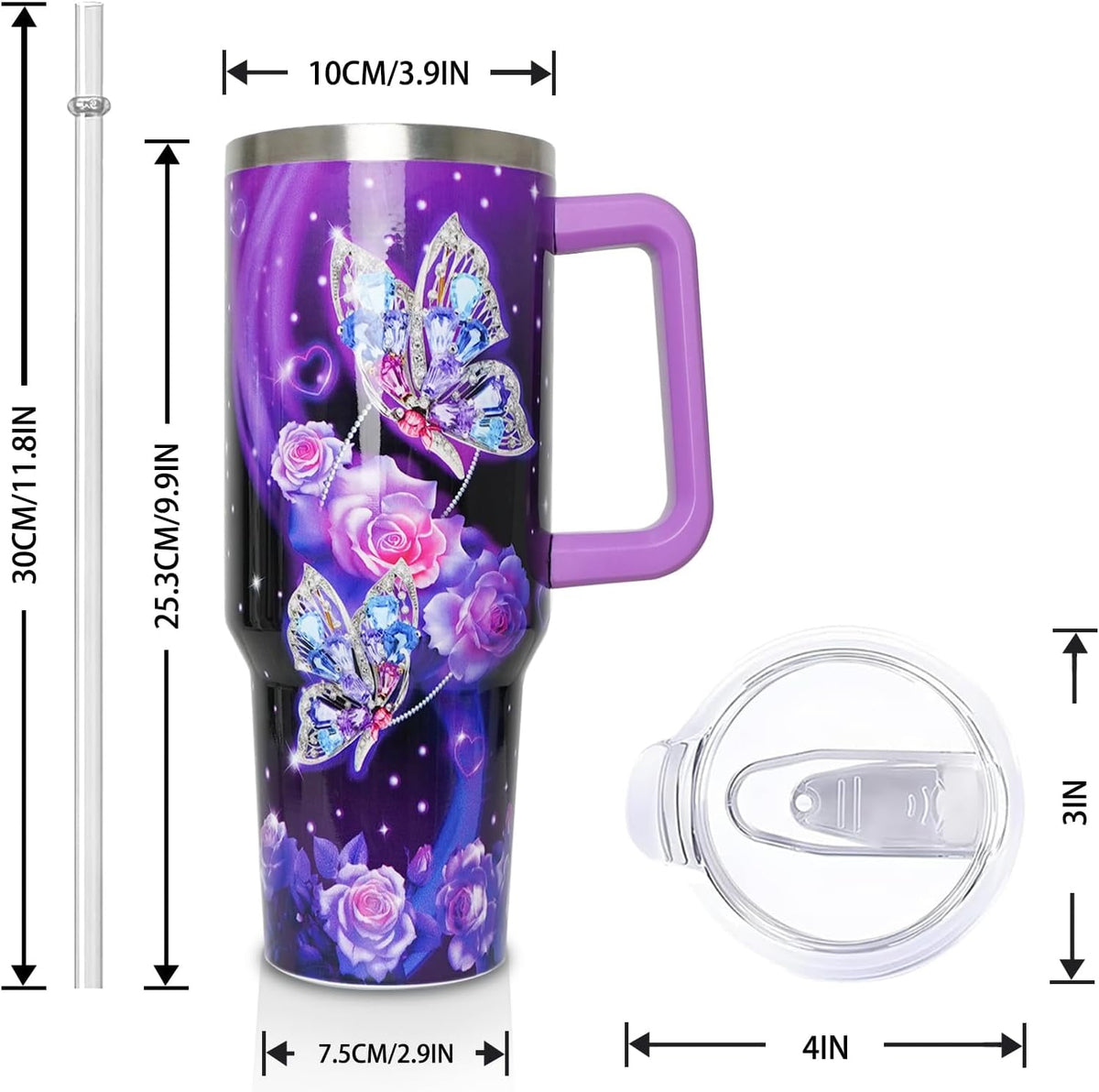 Lunabuddy™ 40 oz Tumbler with Handle and Straw Lid, Purple Butterfly Insulated Cup, Double Vacuum Leak Proof Coffee Travel Mug, Flower Stainless Steel Water Bottle Gifts for Women Girls