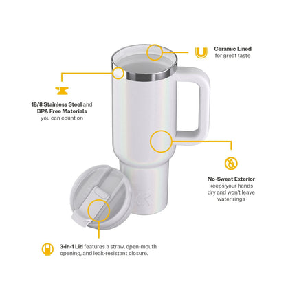 Lunabuddy™ 40 oz Ceramic Lined Road Trip Tumbler with Handle and Leak-Resistant Straw Lid, White Glitter