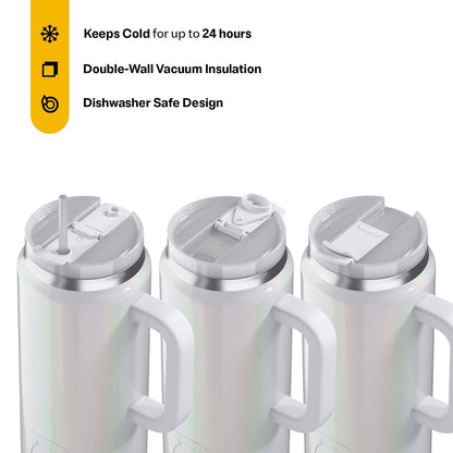 Lunabuddy™ 64 oz Ceramic Lined Road Trip Tumbler with Handle and Leak-Resistant Straw Lid, White Glitter