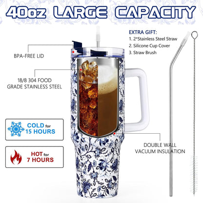 Lunabuddy™ 40oz Tumbler with Handle, Stainless Steel Insulated Travel Tumbler with Lid and Straw, Double Wall Vacuum Insulated Tumbler Mug, Thermal Cup for Home Outdoor, Blue and White Porcelain