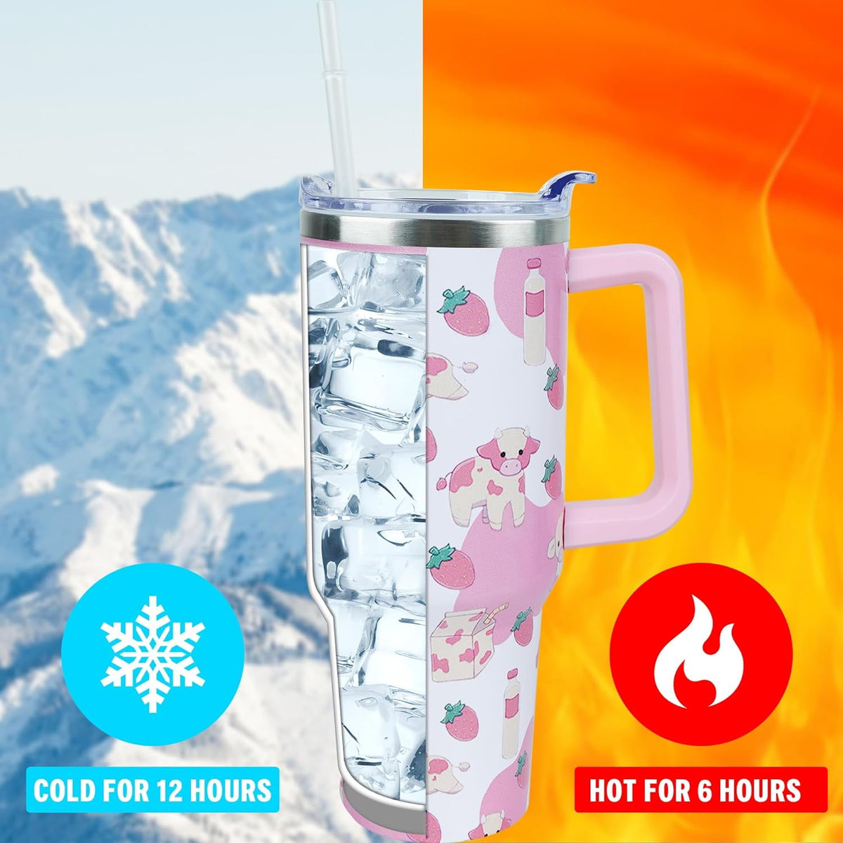 Lunabuddy™ 40 oz Cute Strawberry Cow Tumbler with Handle and Straw, Stainless Steel Insulated Cup with Lid and Straw, Travel Mug Water Bottle, Gifts for Women