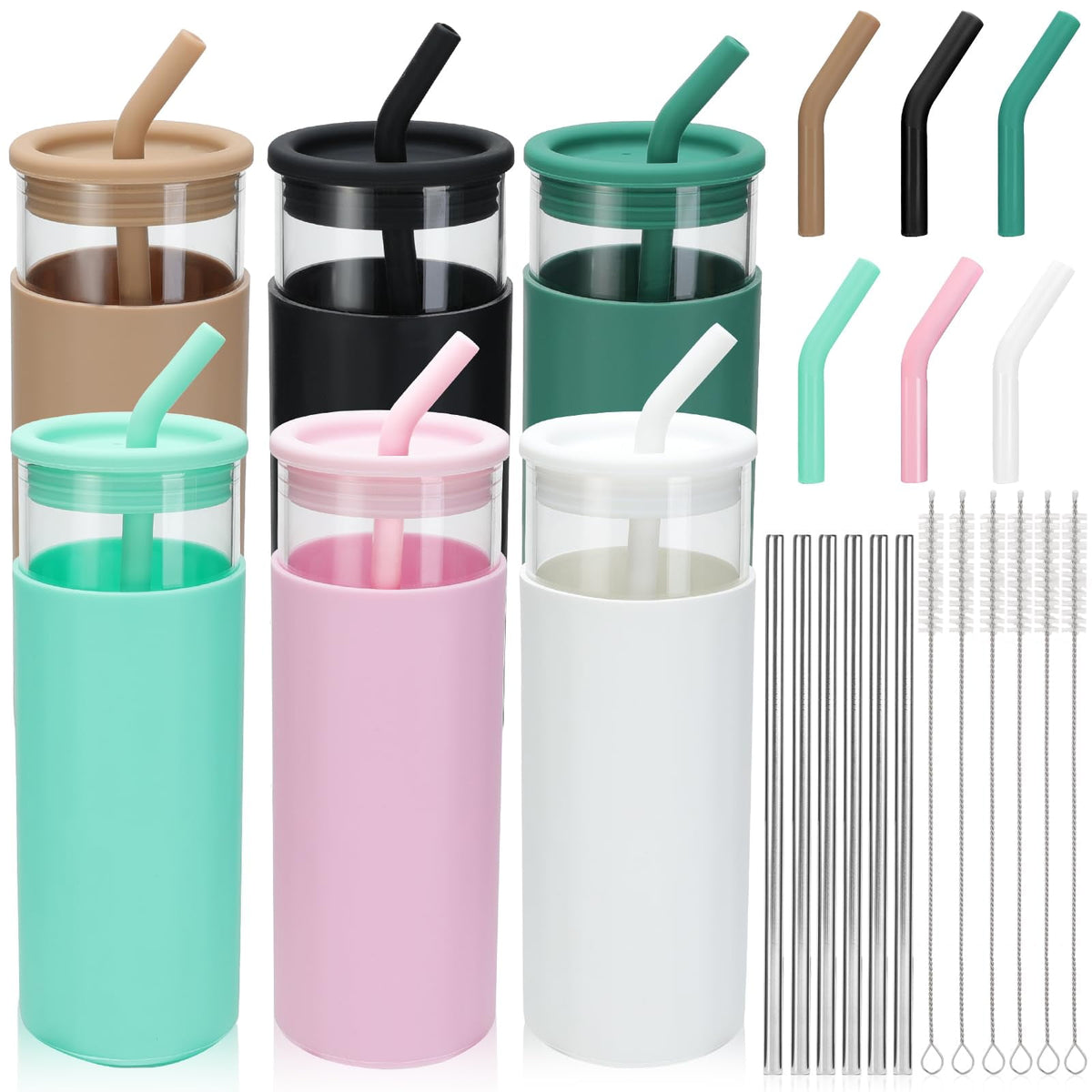 Lunabuddy™ 6 Pack Drinking Glasses with Silicone Lids and Glass Straw, 16 Oz Ice Coffee Glass Cups, Smoothie Cups, Cute Tumbler Cup Great for Beer Water Outdoors(Include 6 Cleaning Brushes)