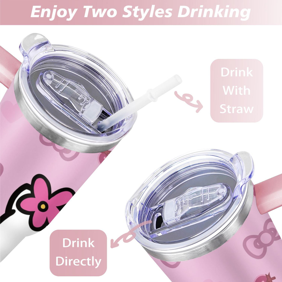 Lunabuddy™ 40oz Hello Kawaii Cat Cute Stainless Steel Tumbler with Lid and Straw,Spill Proof Travel Cup Double Wall Vacuum Insulated Coffee Mug with Handle Pink