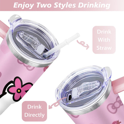 Lunabuddy™ 40oz Hello Kawaii Cat Cute Stainless Steel Tumbler with Lid and Straw,Spill Proof Travel Cup Double Wall Vacuum Insulated Coffee Mug with Handle Pink