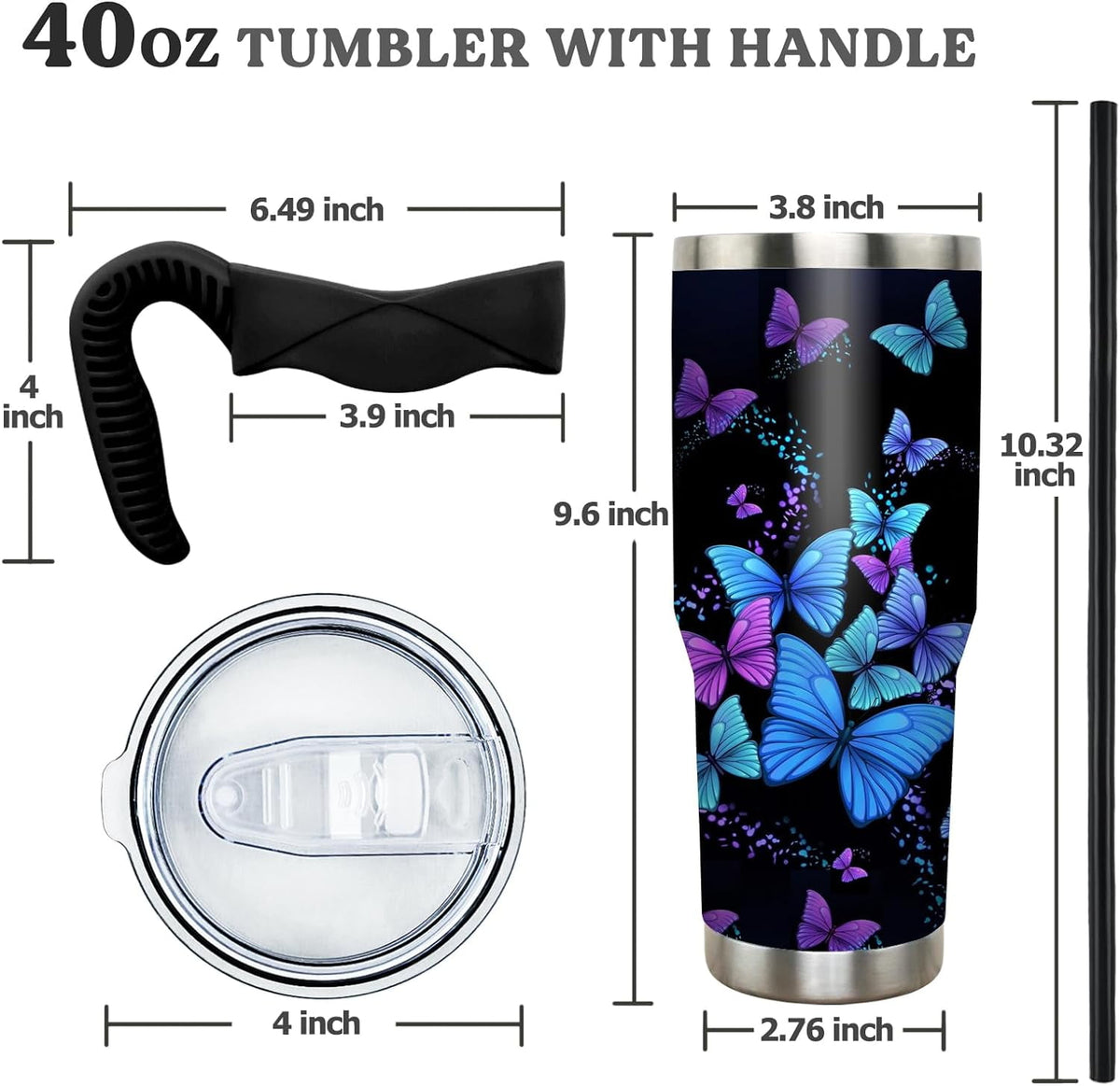 Lunabuddy™ 40 oz Tumbler with Handle and Straw 40oz Blue Purple Butterfly Cup Insulated Coffee Travel Mug Spill Proof Leak Proof 40 ounce Stainless Steel Slim 40 oz tumbler with handle and Lid