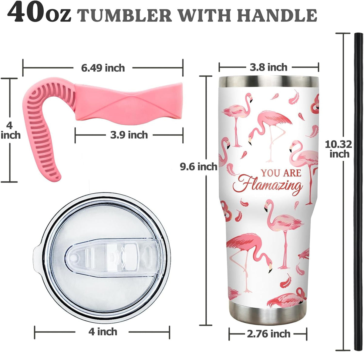 Lunabuddy™ 40 oz Tumbler with Handle and Straw 40oz Pink Flamingo Cup Insulated Coffee Travel Mug Spill Proof Leak Proof 40 ounce Stainless Steel Slim 40 oz tumbler with handle and Lid