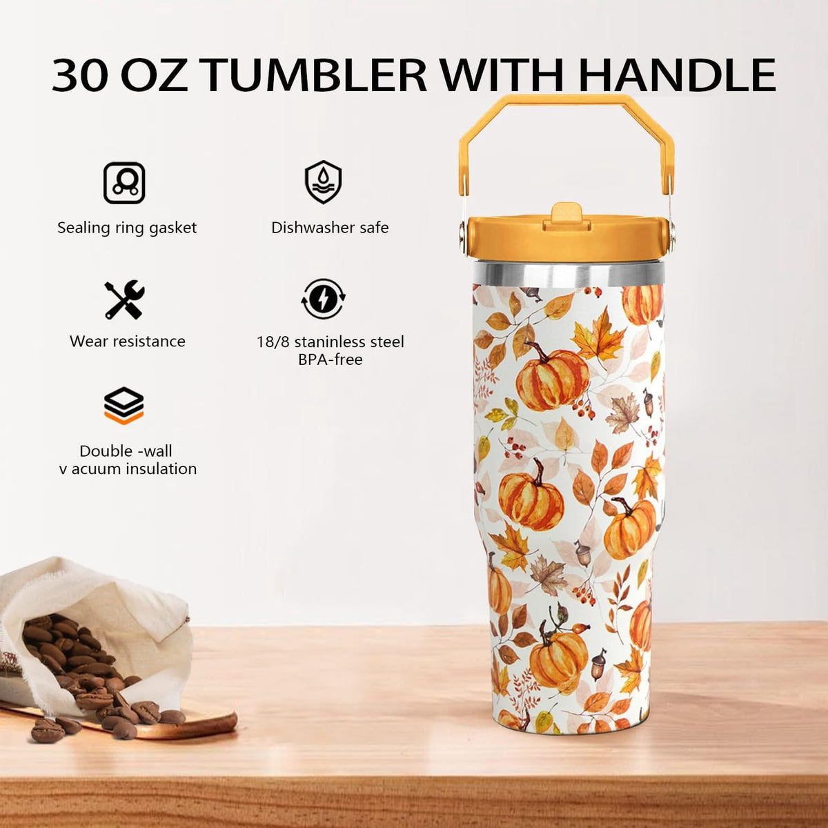 Lunabuddy™ 30oz Fall Pumpkin Flip Tumbler with Handle lid and Straw,Fall Coffee Travel Mug Cup Water Botter,Fall Gifts for Women,Fall Stuff Decor Accessories