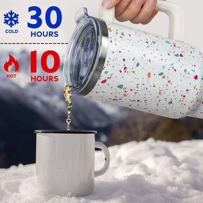 Lunabuddy™ 40oz Tumbler with Handle and Straw Lid | Vacuum Insulated Leak Proof Tumbler | Stainless Steel Travel Mug Water Bottle Cup Keeps Cold & Hot | Terrazzo