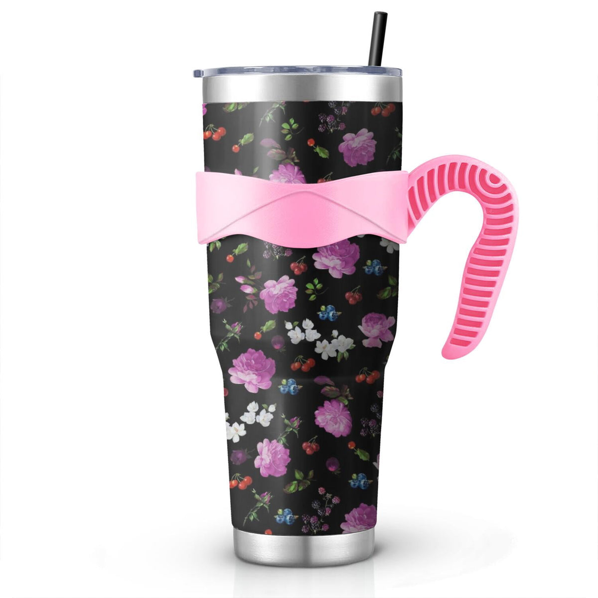 Lunabuddy™ 40 Oz Pioneer Tumbler with Handle and Silicone Straws,Colorful Floral Double Wall Vacuum Insulated Stainless Steel Travel Mug Leak-Proof Coffee Cup on Screw Lid and Straw Pink