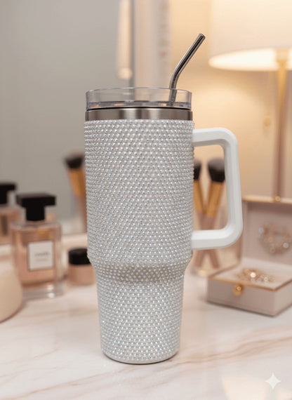 Lunabuddy™ Thirstee 40 oz Rhinestone Tumbler with Handle and Metal Straw Lid, White Bling Insulated Travel Mug