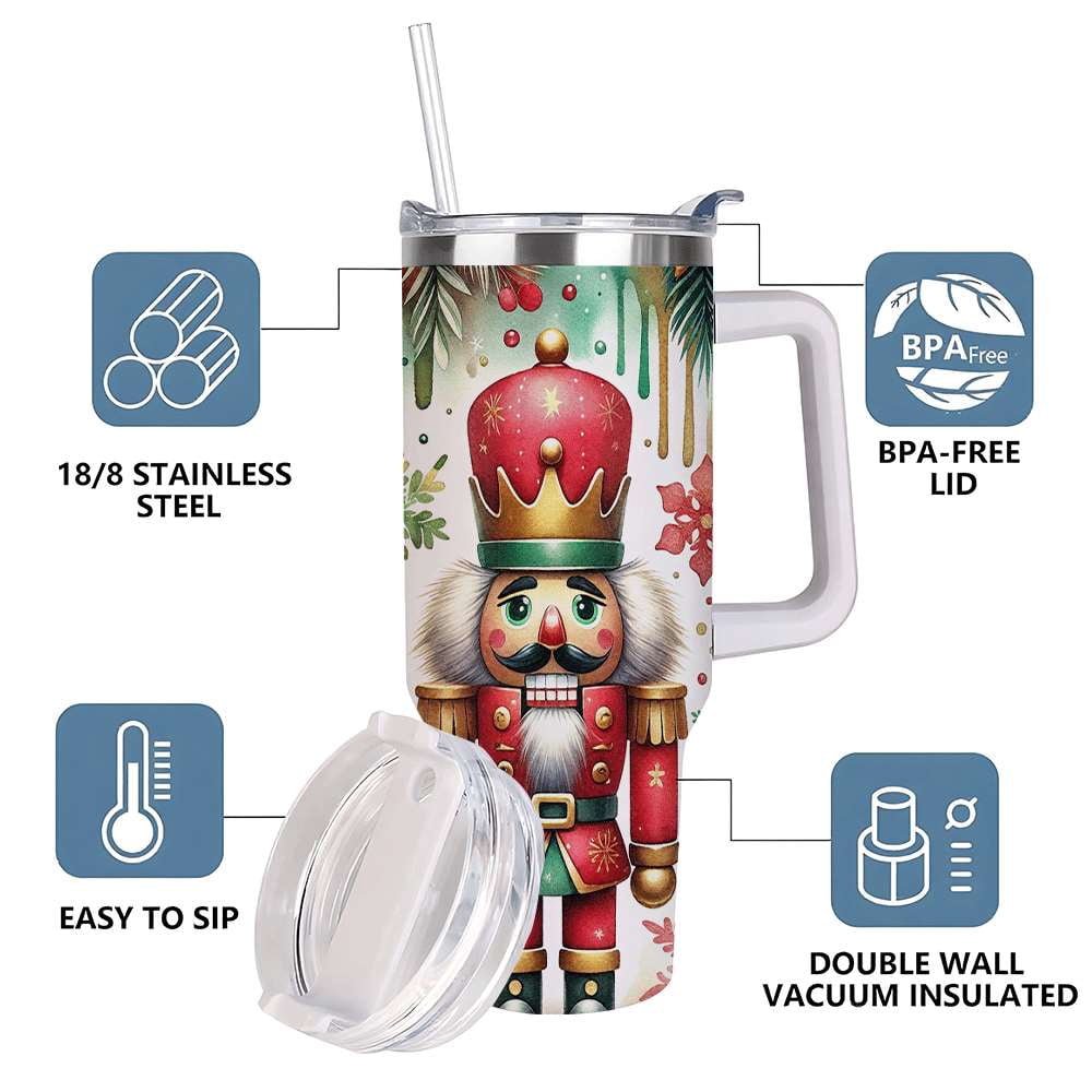 Lunabuddy™ Nutcracker Christmas Insulated Tumbler with Lid and Straw, Holiday King Soldier Design Stainless Steel Travel Cup