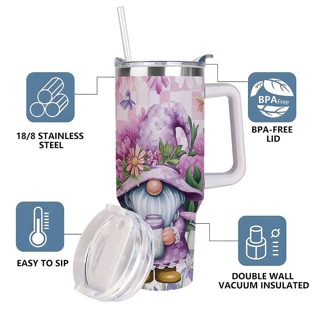Lunabuddy™ Purple Floral Gnome Stainless Steel Tumbler with Handle and Straw, Insulated Travel Mug for Women, Cute Spring Flower Cup Gift