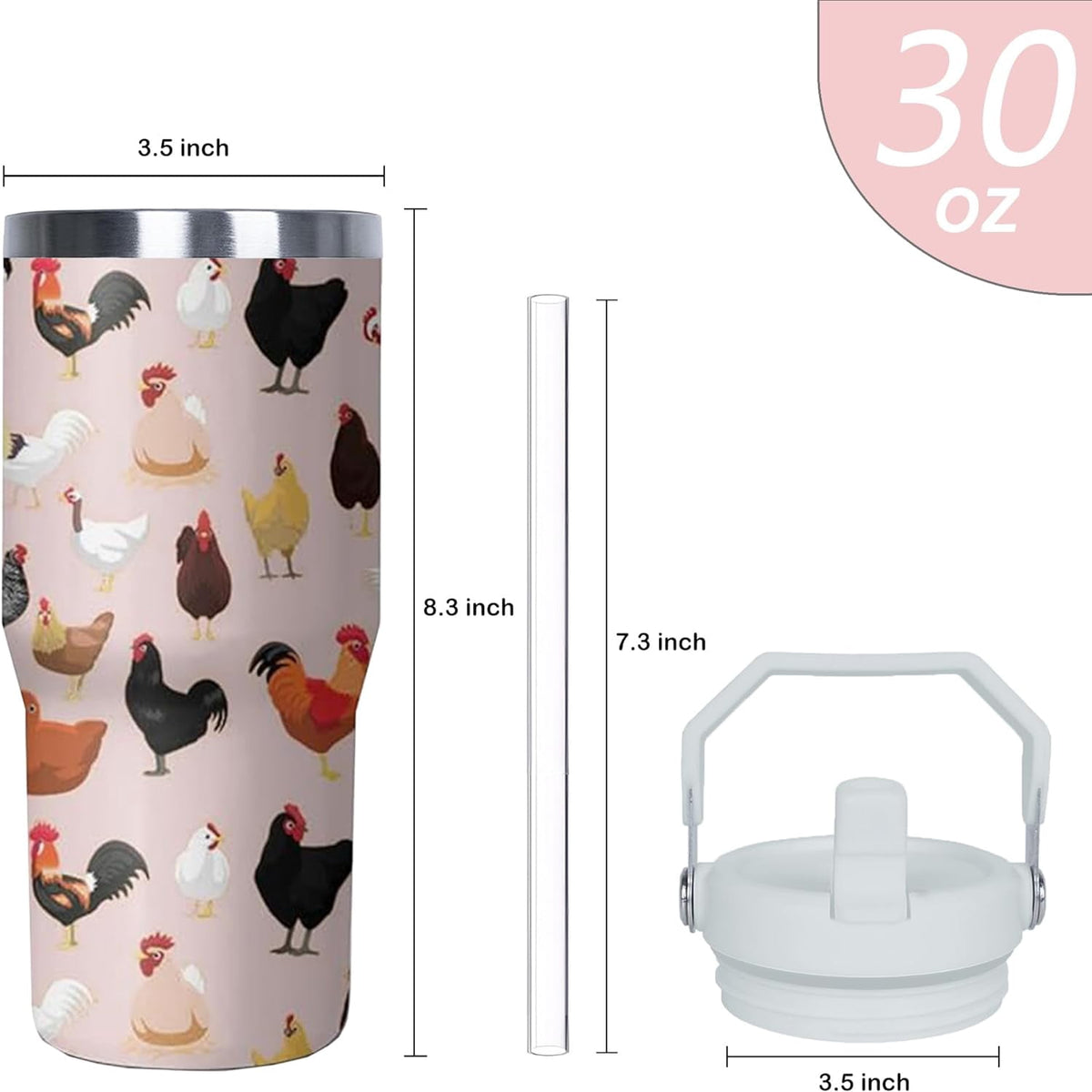 Lunabuddy™ 30 oz Chicken Tumbler with Handle and Flip Straw, Stainless Steel Double Insulated Cup with Lid and Straw, Travel Coffee Mug Water Bottle,Christmas Birthday Mothers Day Gifts for Women Animal Lovers