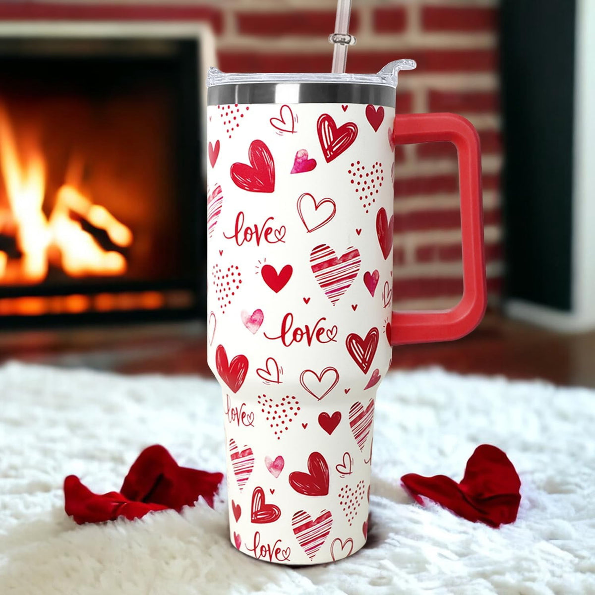 Lunabuddy™ Love Tumbler 40 Oz Valentine Heart Tumbler With Handle,Valentine''s Day Coffee Travel Mug Cup Water Bottle,Heart Decor,Valentine''s Gifts for Wife Girlfriend Bride