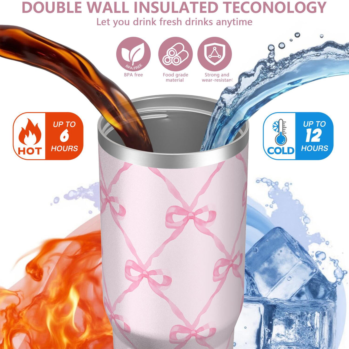 Lunabuddy™ 1pc Bow 30oz Tumbler with Straw & Handle - Insulated Stainless Steel Cup | Holiday Gift for Man Women (Christmas, Valentine's, Birthday)