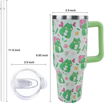 Lunabuddy™ 40 oz Frog Mushroom Tumbler with Handle and Straw, Travel Mug Water Bottle, Stainless Steel Insulated Cup with Lid and Straw, Birthday Christmas Gifts
