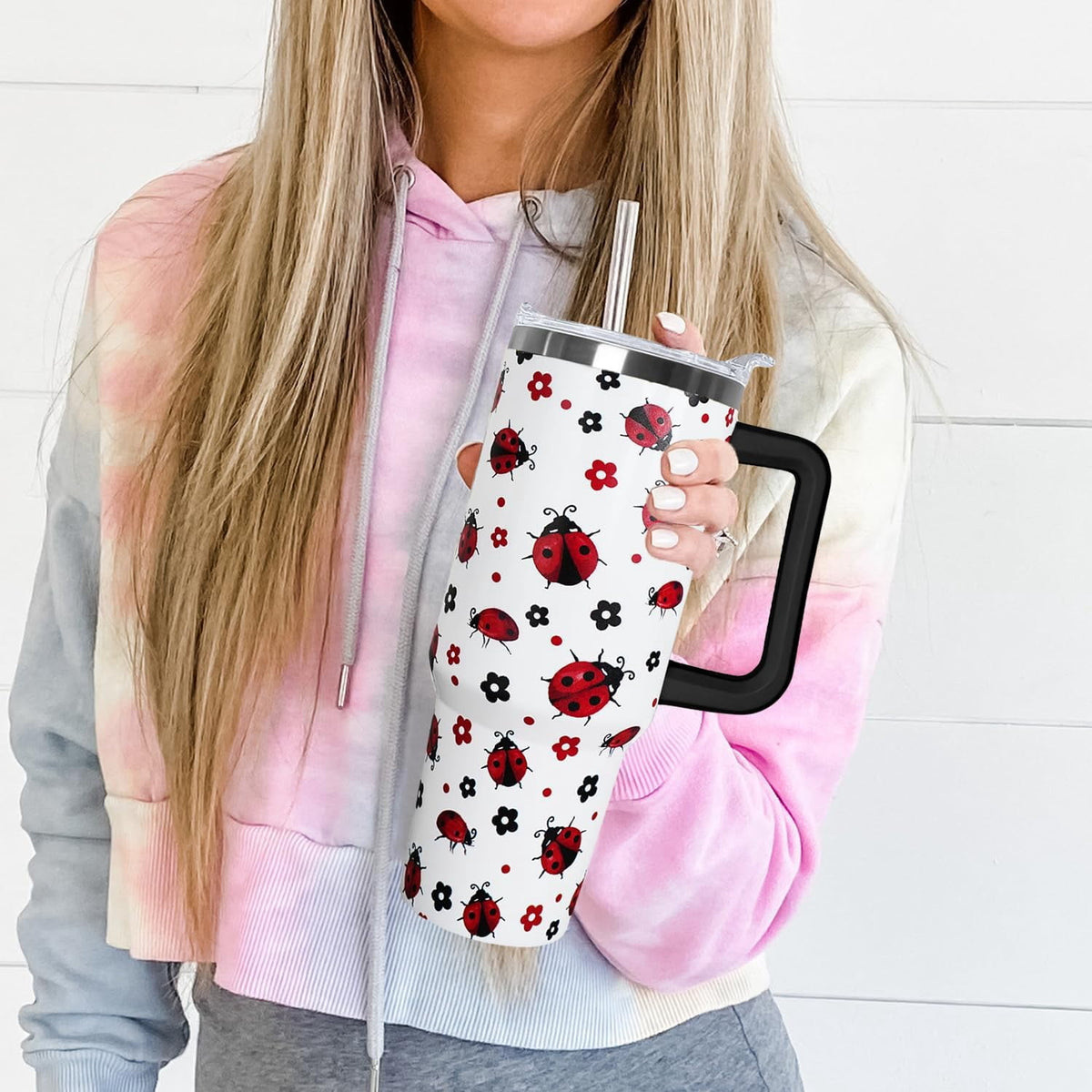 Lunabuddy™ 40 Oz Ladybug Tumbler With Handle - Coffee Travel Mug Cup Water Bottle, Strawberry Decor - Gifts for Women