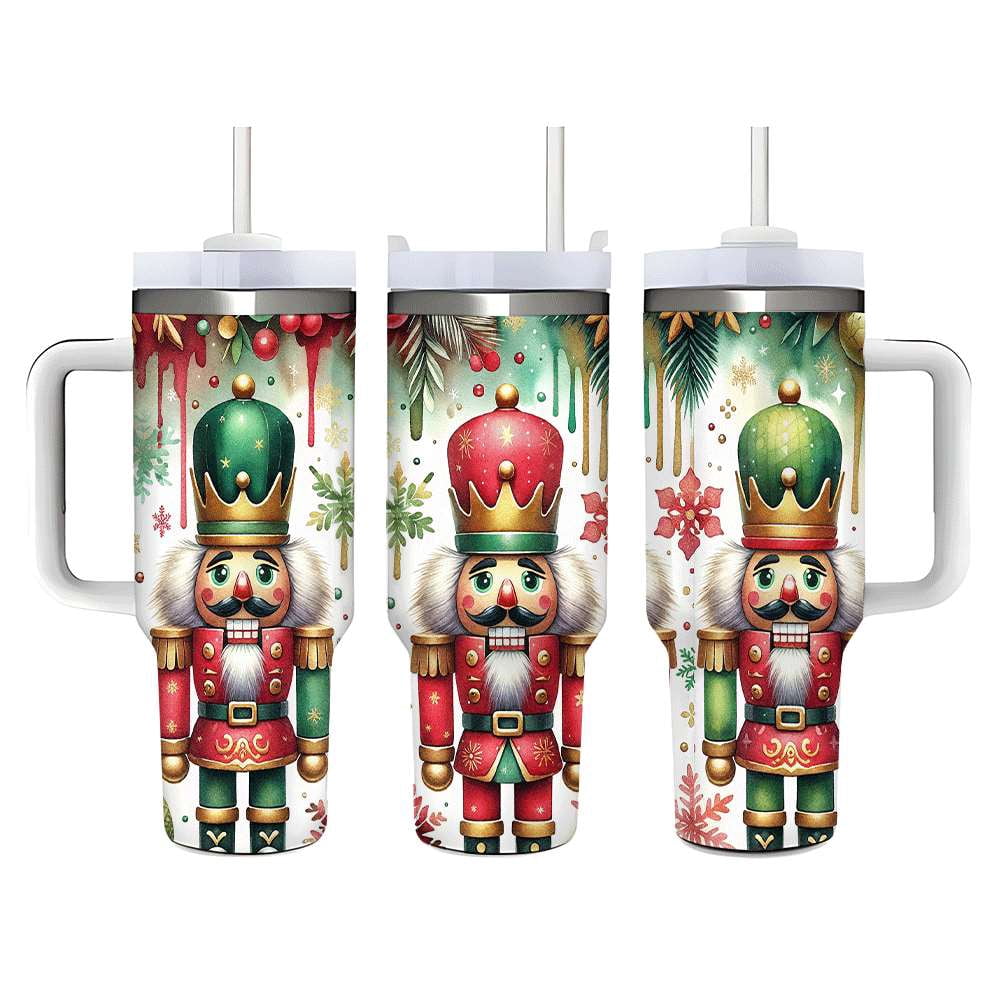 Lunabuddy™ Nutcracker Christmas Insulated Tumbler with Lid and Straw, Holiday King Soldier Design Stainless Steel Travel Cup
