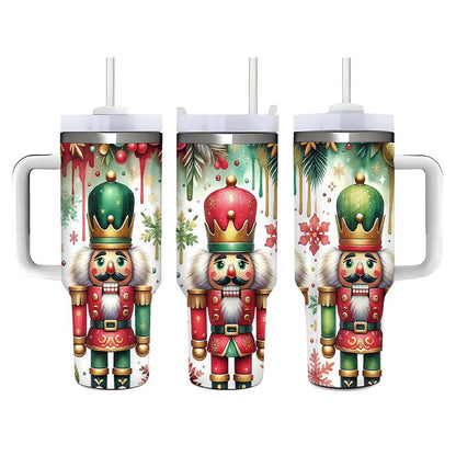 Lunabuddy™ Nutcracker Christmas Insulated Tumbler with Lid and Straw, Holiday King Soldier Design Stainless Steel Travel Cup