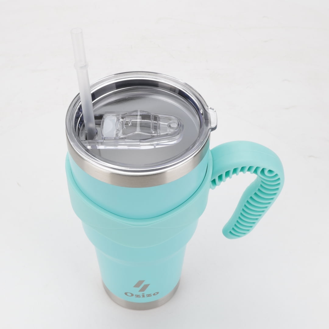 Lunabuddy™ Ozizo 30oz Cup with Handle - 30 Ounce Tumbler with Handle - Tumbler with Straw 30 oz - Insulated Hot and Cold - Cyan Blue Insulated Tumbler - Toddler Insulated Cup - Insulated Straw Cup