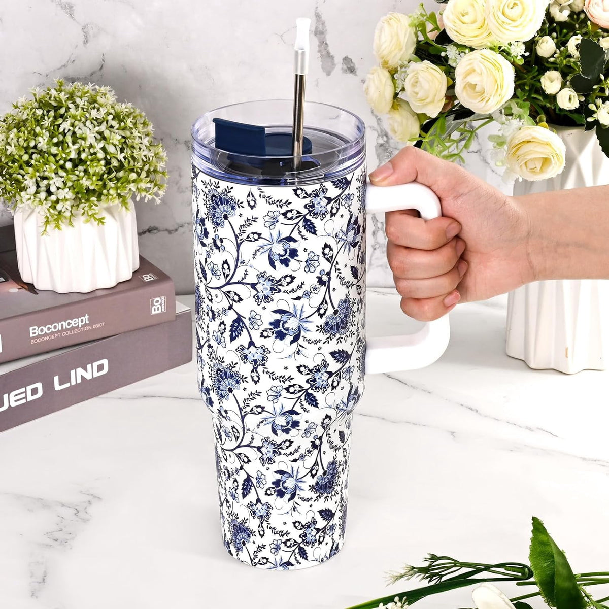 Lunabuddy™ 40oz Tumbler with Handle, Stainless Steel Insulated Travel Tumbler with Lid and Straw, Double Wall Vacuum Insulated Tumbler Mug, Thermal Cup for Home Outdoor, Blue and White Porcelain