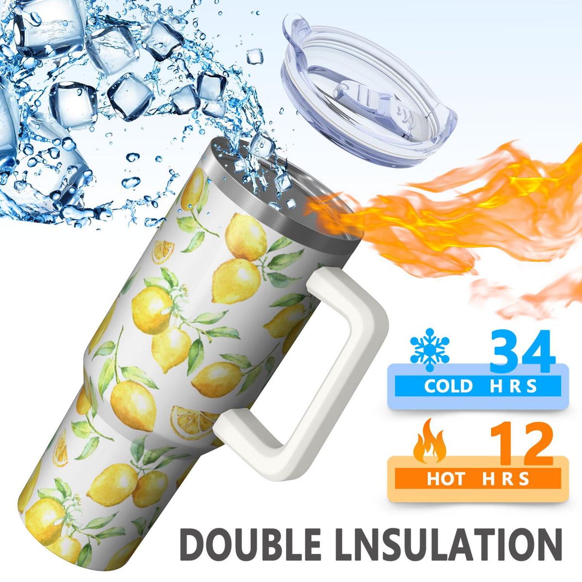Lunabuddy™ 40oz Lemon Tumbler Lemon Theme 40 oz Tumbler with Handle & Straw Spill Proof Lid Double Insulated Mug Gifts for Lemon Men Women