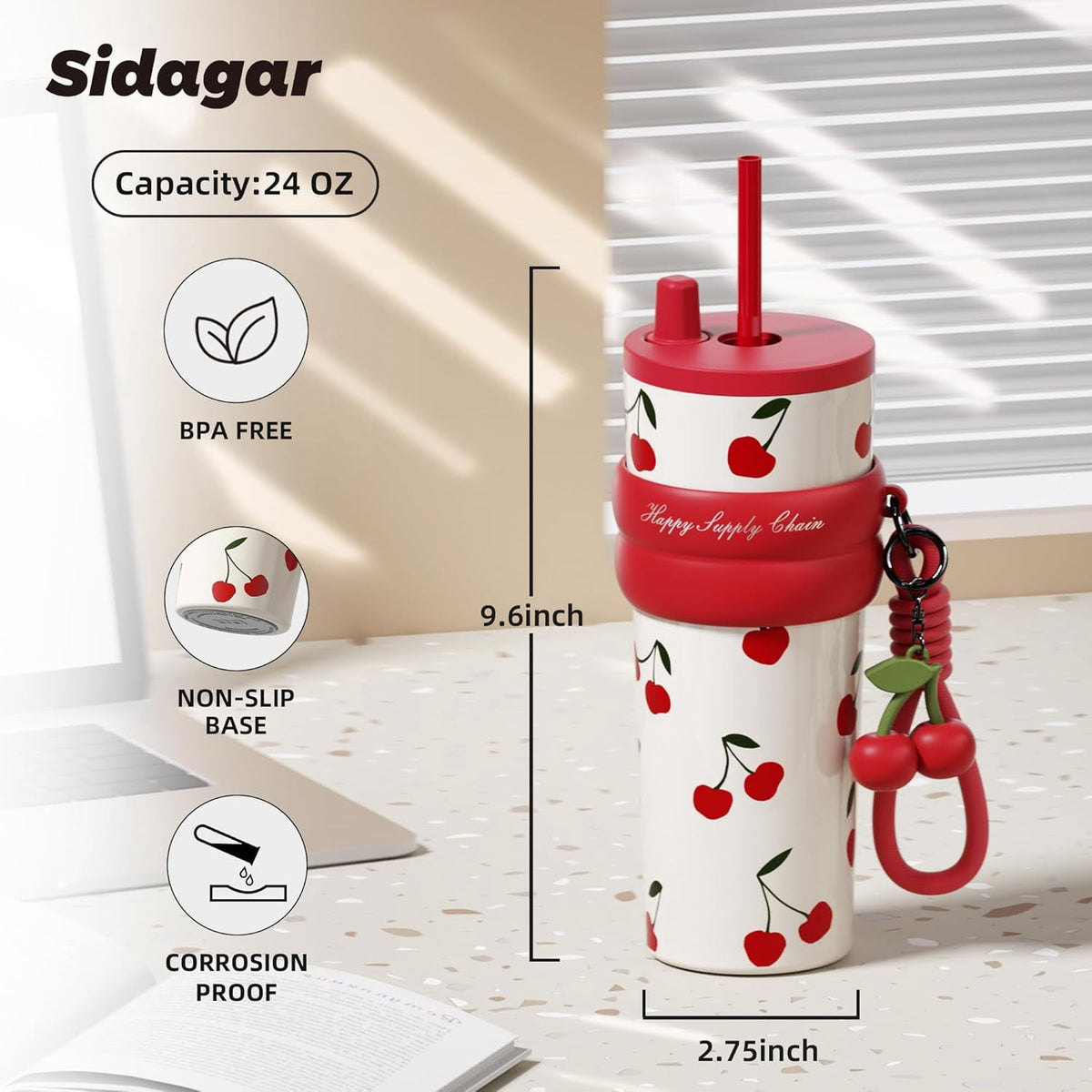Lunabuddy™ 24 oz Stainless Steel Vacuum Insulated Coffee Travel Tumbler with Straw Lid, Red Cherry