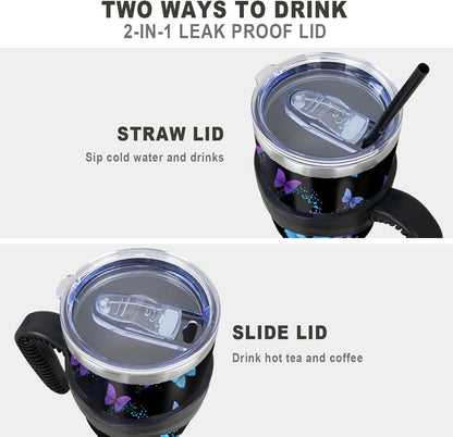 Lunabuddy™ 40 oz Tumbler with Handle and Straw 40oz Blue Purple Butterfly Cup Insulated Coffee Travel Mug Spill Proof Leak Proof 40 ounce Stainless Steel Slim 40 oz tumbler with handle and Lid