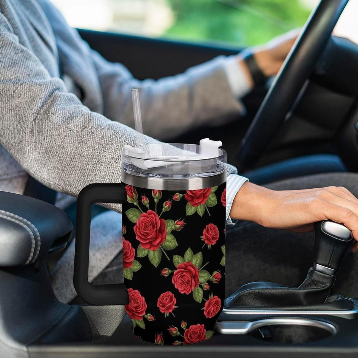 Lunabuddy™ 40 oz Insulated Floral Flowers Red Rose Coffee Tumbler with Portable Handle, Stainless Steel Vacuum Travel Mug for Unisex Home, Office Use