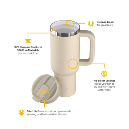 Lunabuddy™ 40 oz Ceramic Lined Road Trip Tumbler with Handle and Leak-Resistant Straw Lid, Beach