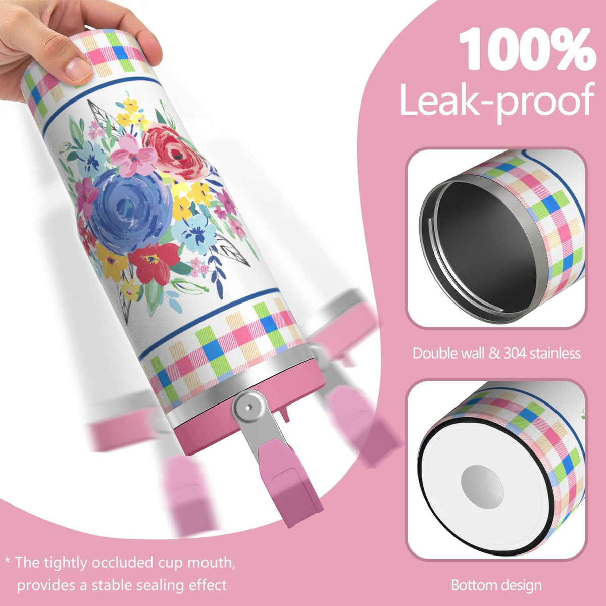 Lunabuddy™ 30oz Pioneer Colorful Floral Stainless Steel Flip Straw Tumbler with Lid and Straw Spill Proof Travel Cup Double Wall Vacuum Insulated Coffee Mug with Top Handled Pink