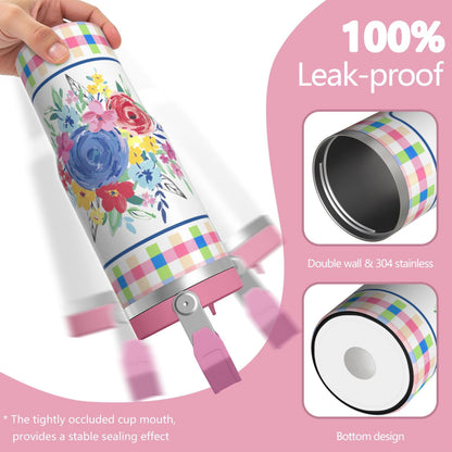 Lunabuddy™ 30oz Pioneer Colorful Floral Stainless Steel Flip Straw Tumbler with Lid and Straw Spill Proof Travel Cup Double Wall Vacuum Insulated Coffee Mug with Top Handled Pink