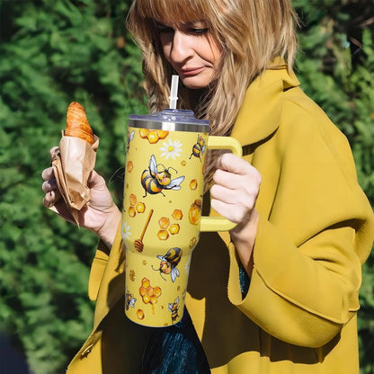 Lunabuddy™ 40oz Bee Tumbler With Handle Lid and Straw -Bee gifts for women Bee Travel Coffee Cup-Bee Gifts For Bee Lover-Bee Mugs