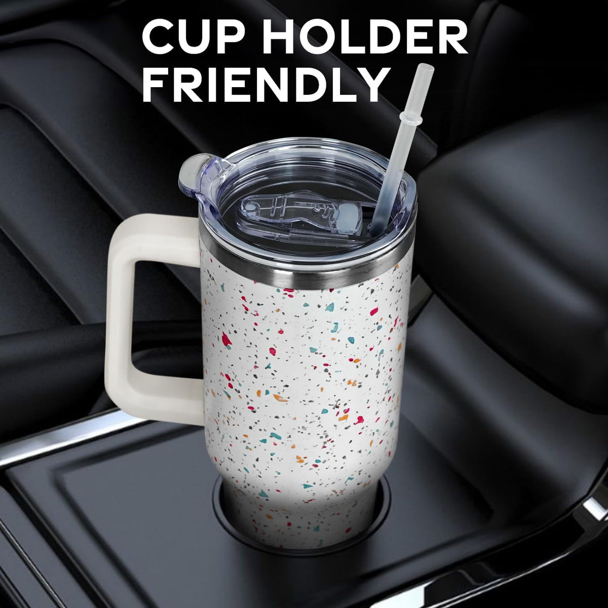 Lunabuddy™ 40oz Tumbler with Handle and Straw Lid | Vacuum Insulated Leak Proof Tumbler | Stainless Steel Travel Mug Water Bottle Cup Keeps Cold & Hot | Terrazzo