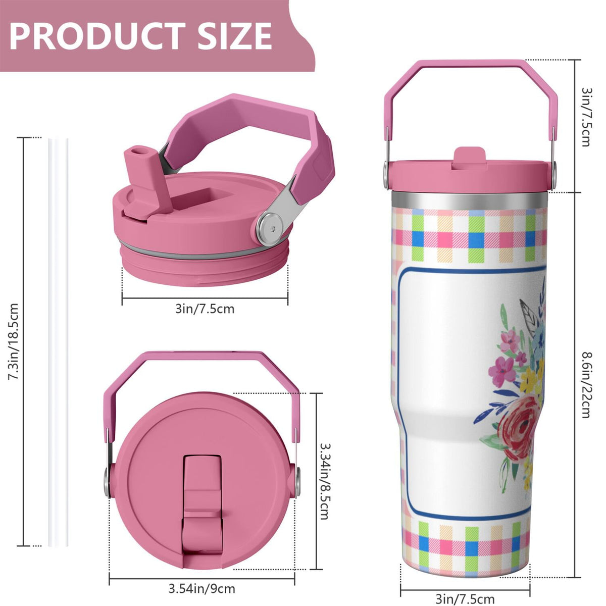 Lunabuddy™ 30oz Pioneer Colorful Floral Stainless Steel Flip Straw Tumbler with Lid and Straw Spill Proof Travel Cup Double Wall Vacuum Insulated Coffee Mug with Top Handled Pink