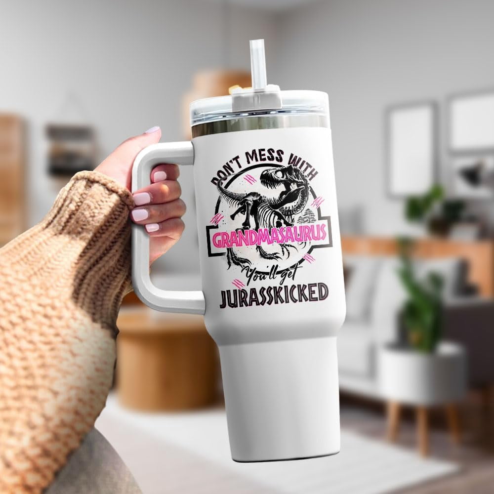 Lunabuddy™ Tumbler 40 Oz With Handle Lid And Straw, Grandmasaurus Nutrition Facts, Grandmasaurus Gifts, Nana Grandma Cups Coffee Handle Sippy Tumblers Granny Great Water Cup Grandmas