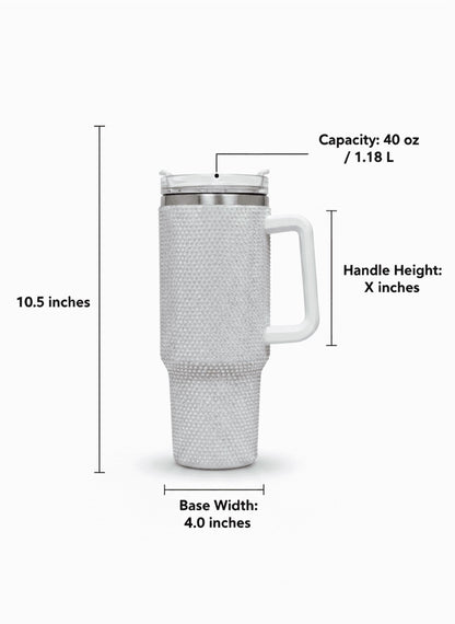 Lunabuddy™ Thirstee 40 oz Rhinestone Tumbler with Handle and Metal Straw Lid, White Bling Insulated Travel Mug
