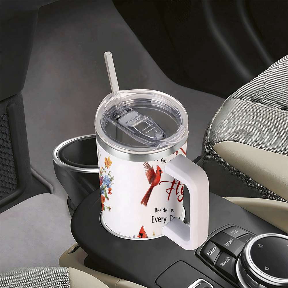 Lunabuddy™ Cardinal Bird Floral Insulated Tumbler with Lid and Straw, Stainless Steel Travel Mug with Handle, Wildflower Spring Art Design