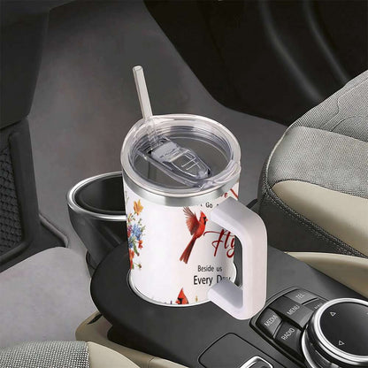 Lunabuddy™ Cardinal Bird Floral Insulated Tumbler with Lid and Straw, Stainless Steel Travel Mug with Handle, Wildflower Spring Art Design
