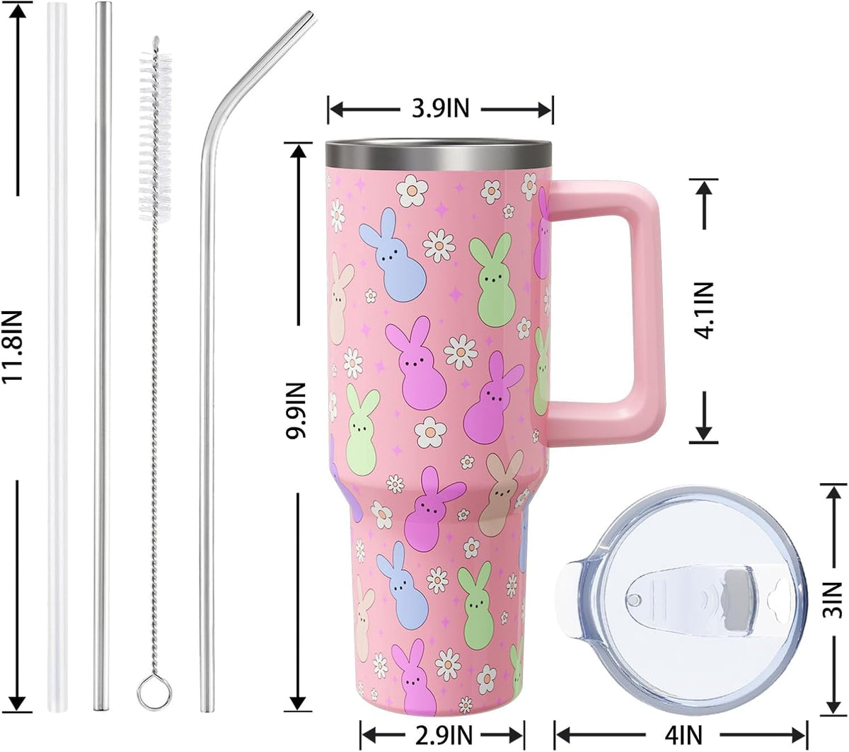 Lunabuddy™ Easter Day Gifts 40oz Tumbler with Handle and Straw, Cute Bunnies Buddies Spring Stainless Steel Insulated Cup, Colorful Holiday Bunny Water Bottle Gifts for Women Men (1PC)