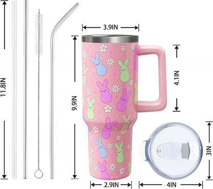 Lunabuddy™ Easter Day Gifts 40oz Tumbler with Handle and Straw, Cute Bunnies Buddies Spring Stainless Steel Insulated Cup, Colorful Holiday Bunny Water Bottle Gifts for Women Men (1PC)
