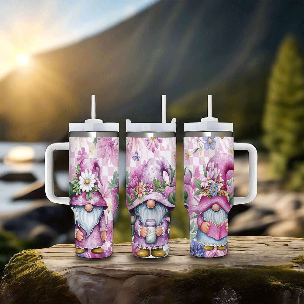 Lunabuddy™ Purple Floral Gnome Stainless Steel Tumbler with Handle and Straw, Insulated Travel Mug for Women, Cute Spring Flower Cup Gift