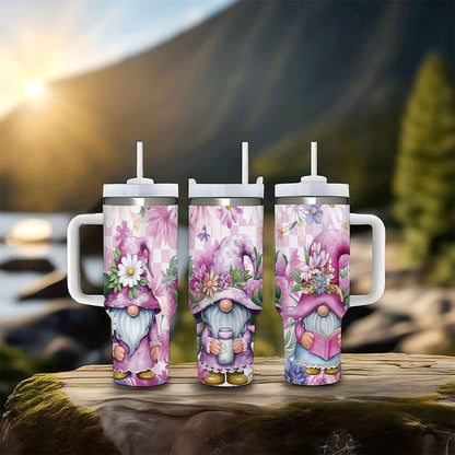 Lunabuddy™ Purple Floral Gnome Stainless Steel Tumbler with Handle and Straw, Insulated Travel Mug for Women, Cute Spring Flower Cup Gift