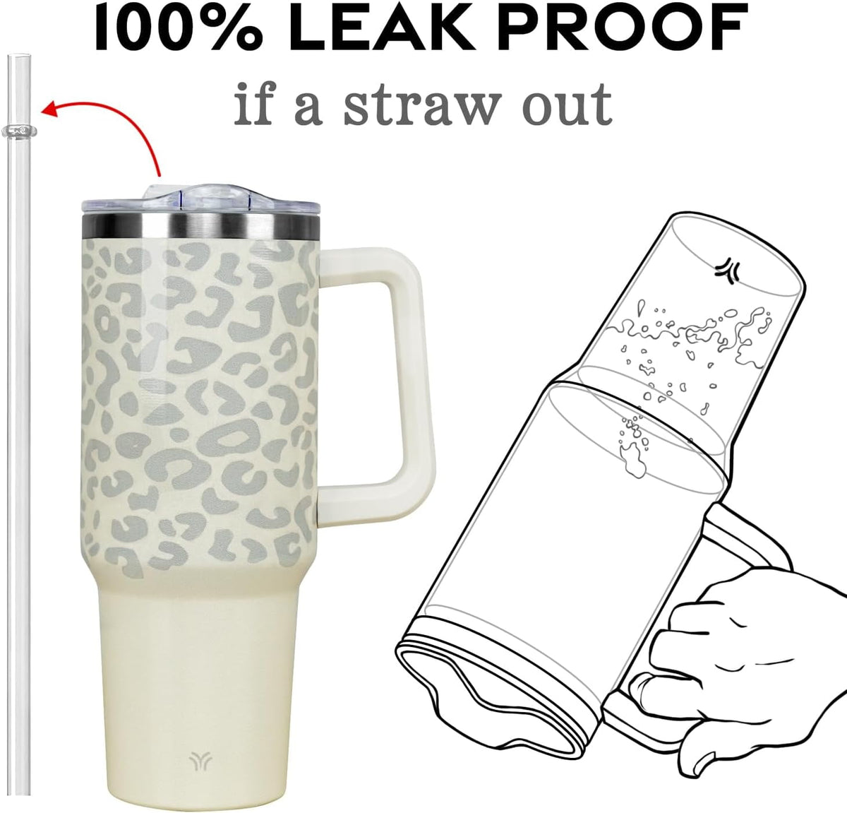 Lunabuddy™ 40oz Tumbler with Handle and Straw Lid | Vacuum Insulated Leak Proof Tumbler | Stainless Steel Travel Mug Water Bottle Cup Keeps Cold & Hot | Cream Leopard