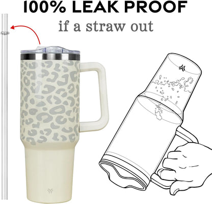 Lunabuddy™ 40oz Tumbler with Handle and Straw Lid | Vacuum Insulated Leak Proof Tumbler | Stainless Steel Travel Mug Water Bottle Cup Keeps Cold & Hot | Cream Leopard