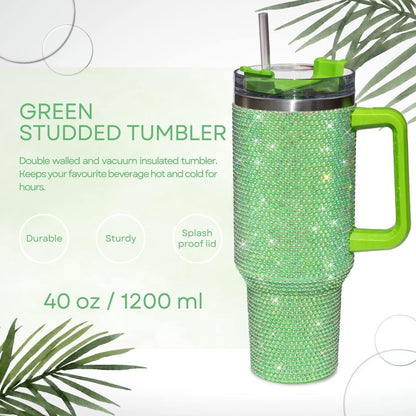 Lunabuddy™ STP GOODS Stainless Steel Rhinestone Insulated Tumbler with Handle Lid and Straw 40 fl oz (1200 ml) Double-Wall Travel Mug, Light Green
