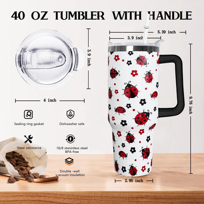 Lunabuddy™ 40 Oz Ladybug Tumbler With Handle - Coffee Travel Mug Cup Water Bottle, Strawberry Decor - Gifts for Women