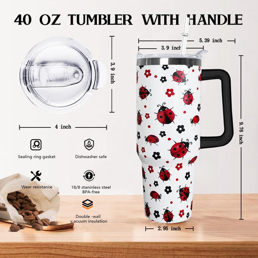 Lunabuddy™ 40 Oz Ladybug Tumbler With Handle - Coffee Travel Mug Cup Water Bottle, Strawberry Decor - Gifts for Women